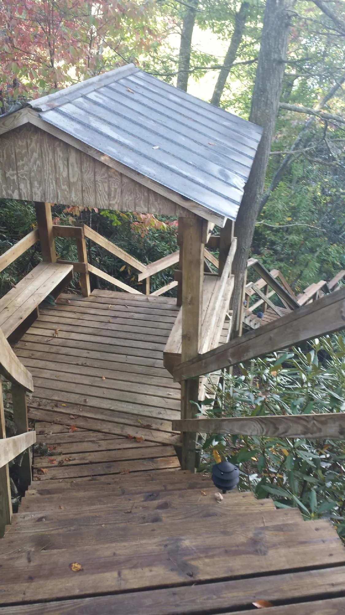 Metal roofed shelter over wooden steps on a wooded walkway — Skylight Repair & Installation work by our crew in Kenai